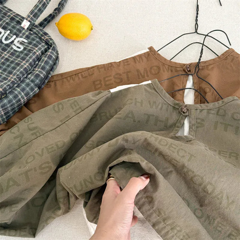 長袖シャツ・ブラウス キッズトップス レターロゴプリントパッチワーク長袖バルーンスリーブシャツブラウス【mh0008655】