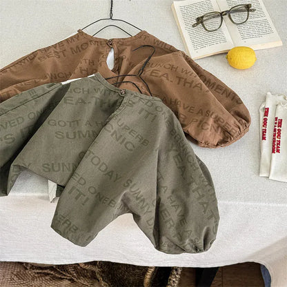 長袖シャツ・ブラウス キッズトップス レターロゴプリントパッチワーク長袖バルーンスリーブシャツブラウス【mh0008655】