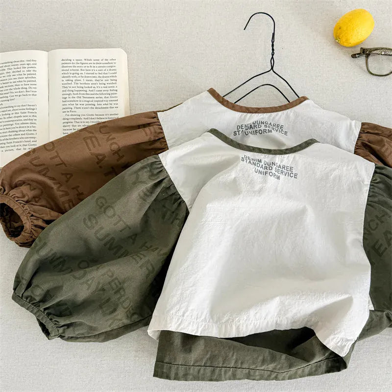 長袖シャツ・ブラウス キッズトップス レターロゴプリントパッチワーク長袖バルーンスリーブシャツブラウス【mh0008655】