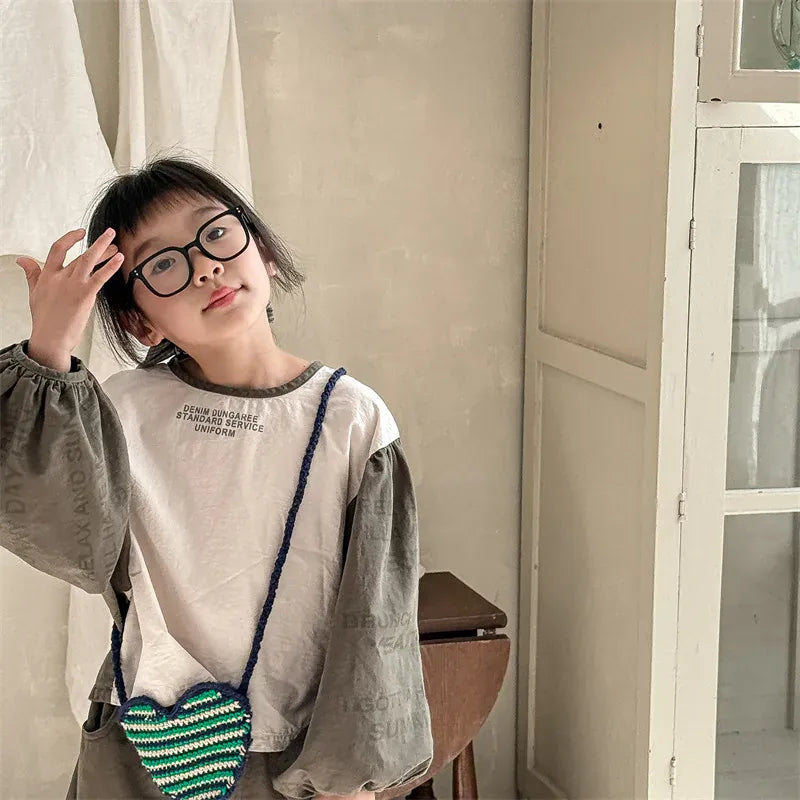 長袖シャツ・ブラウス キッズトップス レターロゴプリントパッチワーク長袖バルーンスリーブシャツブラウス【mh0008655】