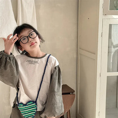 長袖シャツ・ブラウス キッズトップス レターロゴプリントパッチワーク長袖バルーンスリーブシャツブラウス【mh0008655】