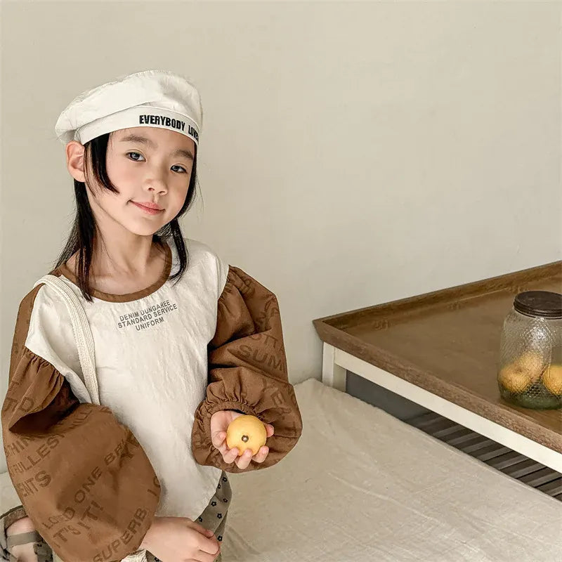 長袖シャツ・ブラウス キッズトップス レターロゴプリントパッチワーク長袖バルーンスリーブシャツブラウス【mh0008655】