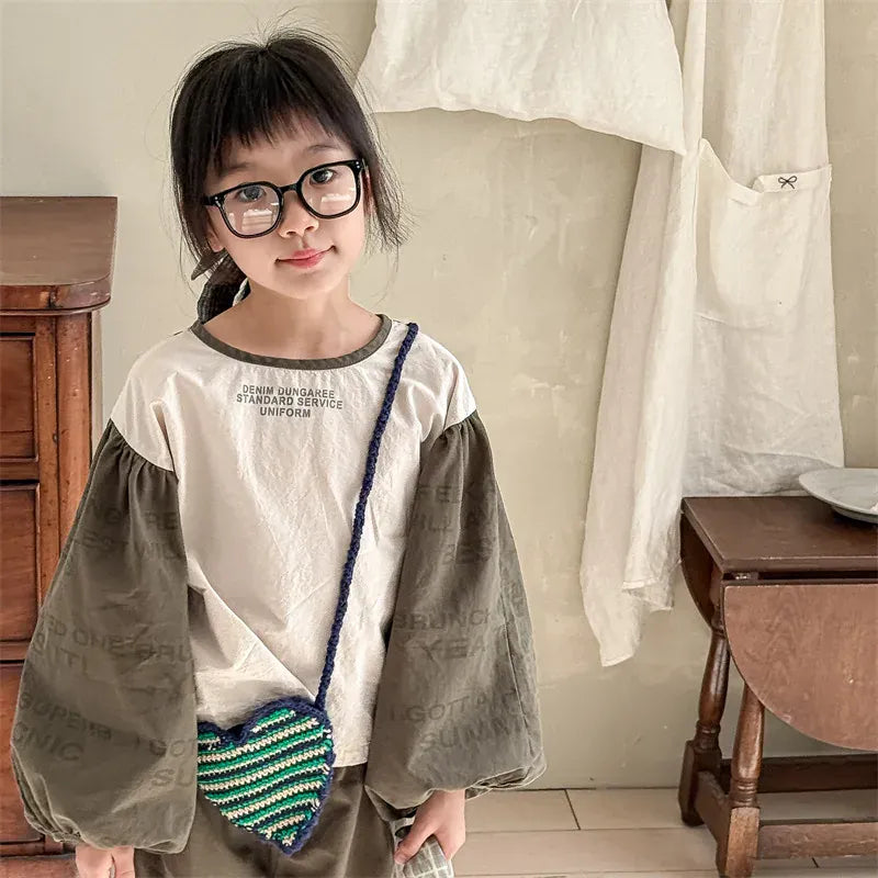 長袖シャツ・ブラウス キッズトップス レターロゴプリントパッチワーク長袖バルーンスリーブシャツブラウス【mh0008655】