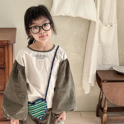 長袖シャツ・ブラウス キッズトップス レターロゴプリントパッチワーク長袖バルーンスリーブシャツブラウス【mh0008655】