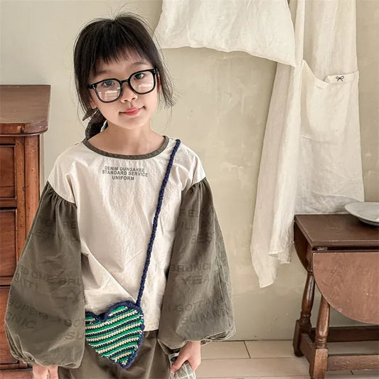 長袖シャツ・ブラウス キッズトップス レターロゴプリントパッチワーク長袖バルーンスリーブシャツブラウス【mh0008655】