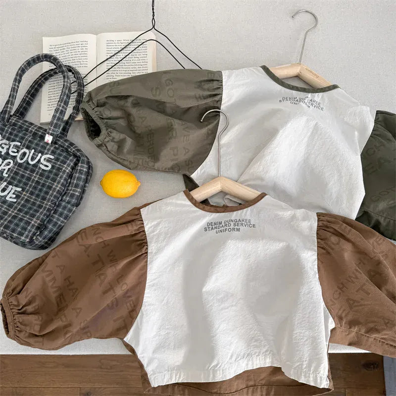 長袖シャツ・ブラウス キッズトップス レターロゴプリントパッチワーク長袖バルーンスリーブシャツブラウス【mh0008655】