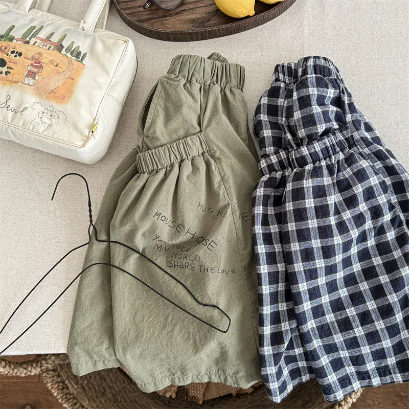 ロングパンツ・スウェットパンツ キッズパンツ チェック/レターロゴプリントロングワイドルーズパンツガウチョパンツ【mh0008659】