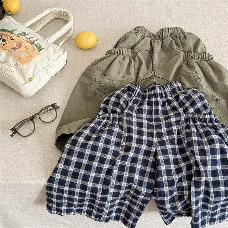 ロングパンツ・スウェットパンツ キッズパンツ チェック/レターロゴプリントロングワイドルーズパンツガウチョパンツ【mh0008659】