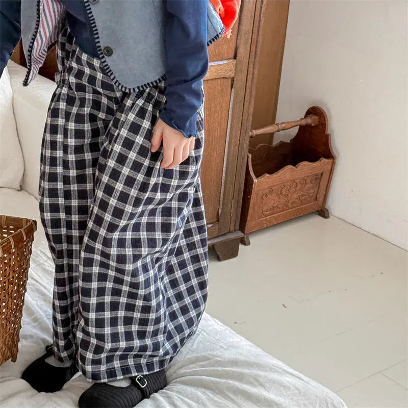 ロングパンツ・スウェットパンツ キッズパンツ チェック/レターロゴプリントロングワイドルーズパンツガウチョパンツ【mh0008659】