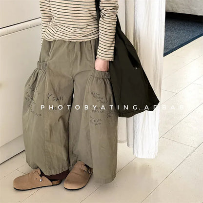 ロングパンツ・スウェットパンツ キッズパンツ チェック/レターロゴプリントロングワイドルーズパンツガウチョパンツ【mh0008659】