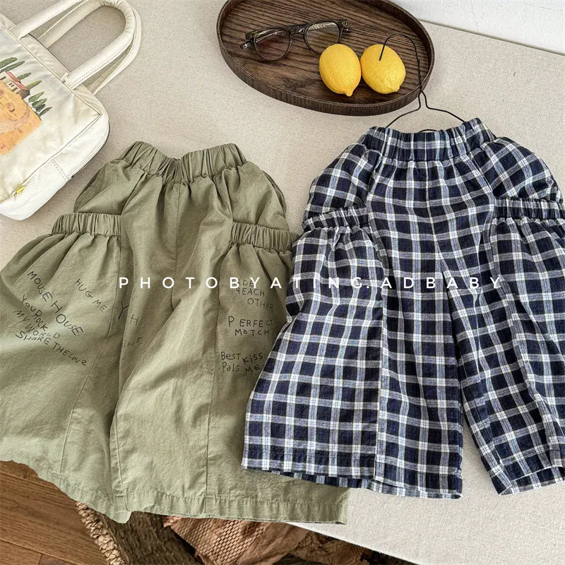 ロングパンツ・スウェットパンツ キッズパンツ チェック/レターロゴプリントロングワイドルーズパンツガウチョパンツ【mh0008659】