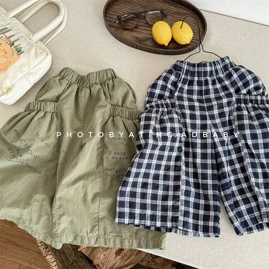 ロングパンツ・スウェットパンツ キッズパンツ チェック/レターロゴプリントロングワイドルーズパンツガウチョパンツ【mh0008659】