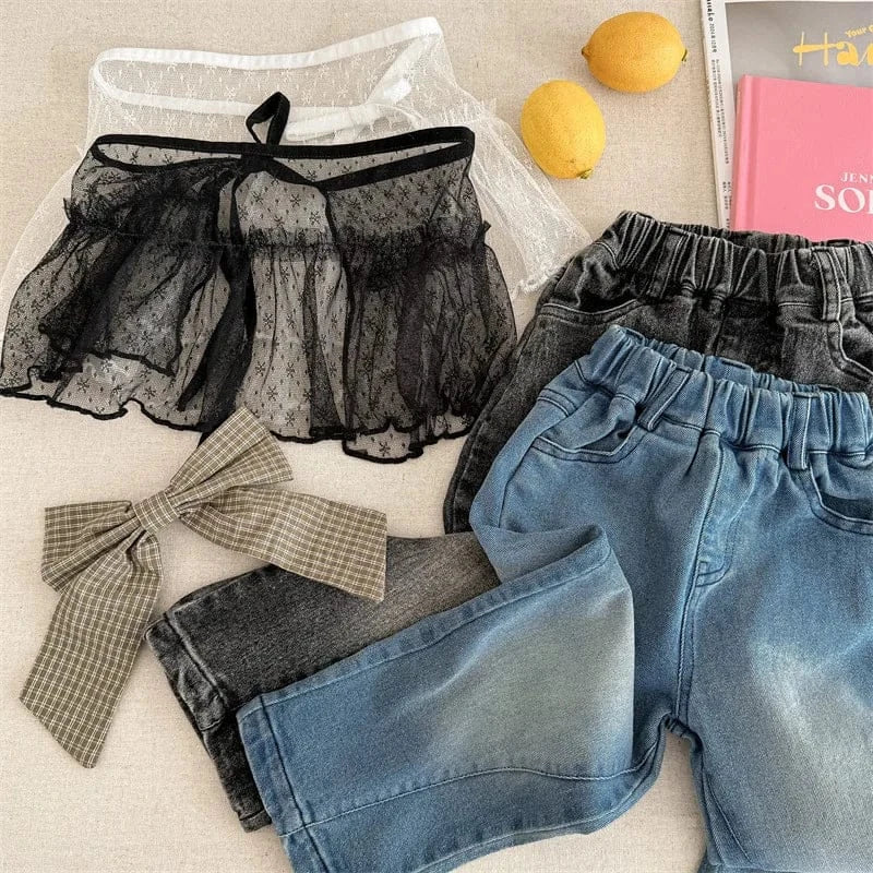 デニムパンツ キッズパンツ レースエプロン+ルーズロングデニムパンツセット【mh0008661】