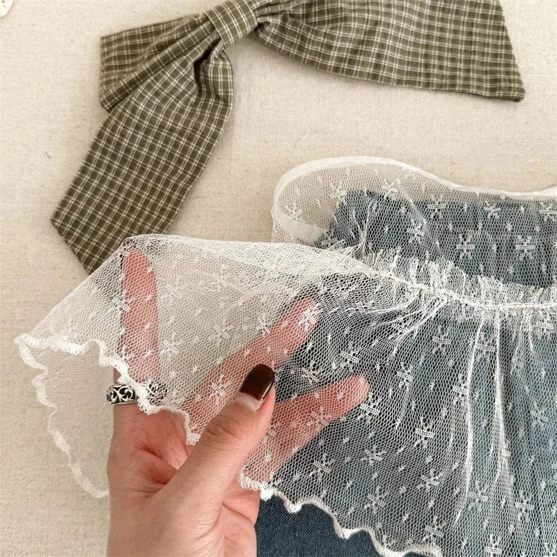 デニムパンツ キッズパンツ レースエプロン+ルーズロングデニムパンツセット【mh0008661】