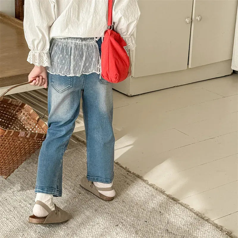 デニムパンツ キッズパンツ レースエプロン+ルーズロングデニムパンツセット【mh0008661】