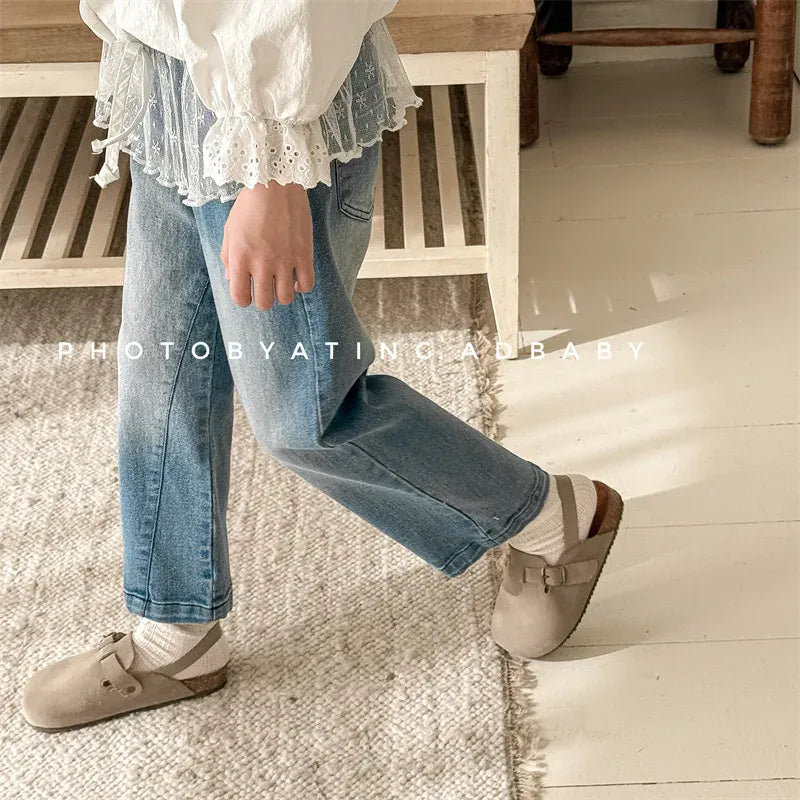 デニムパンツ キッズパンツ レースエプロン+ルーズロングデニムパンツセット【mh0008661】