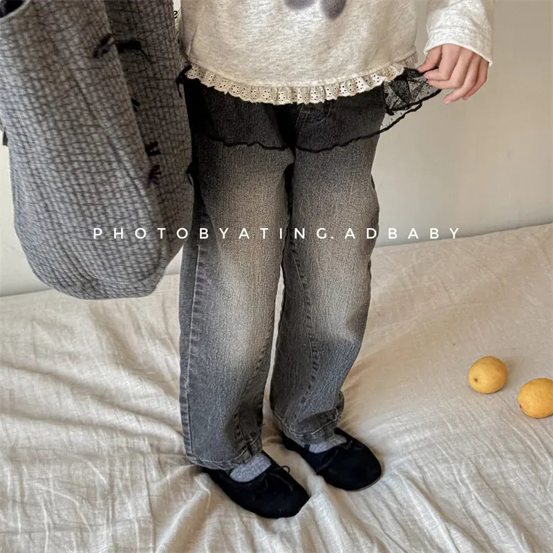 デニムパンツ キッズパンツ レースエプロン+ルーズロングデニムパンツセット【mh0008661】