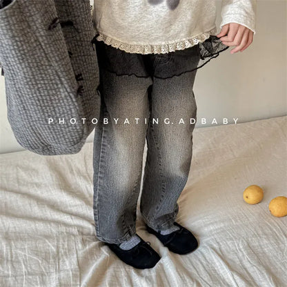 デニムパンツ キッズパンツ レースエプロン+ルーズロングデニムパンツセット【mh0008661】