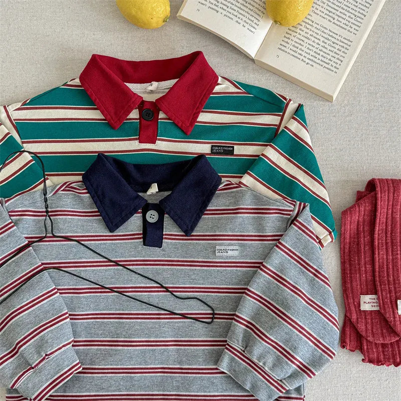 長袖シャツ・ブラウス キッズトップス レトロボーダー長袖ポロシャツ【mh0008663】