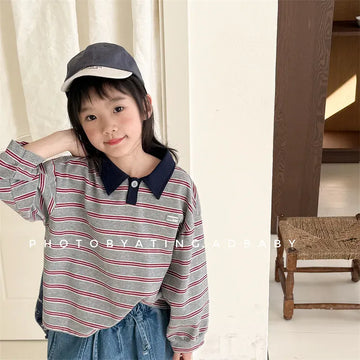 長袖シャツ・ブラウス キッズトップス レトロボーダー長袖ポロシャツ【mh0008663】