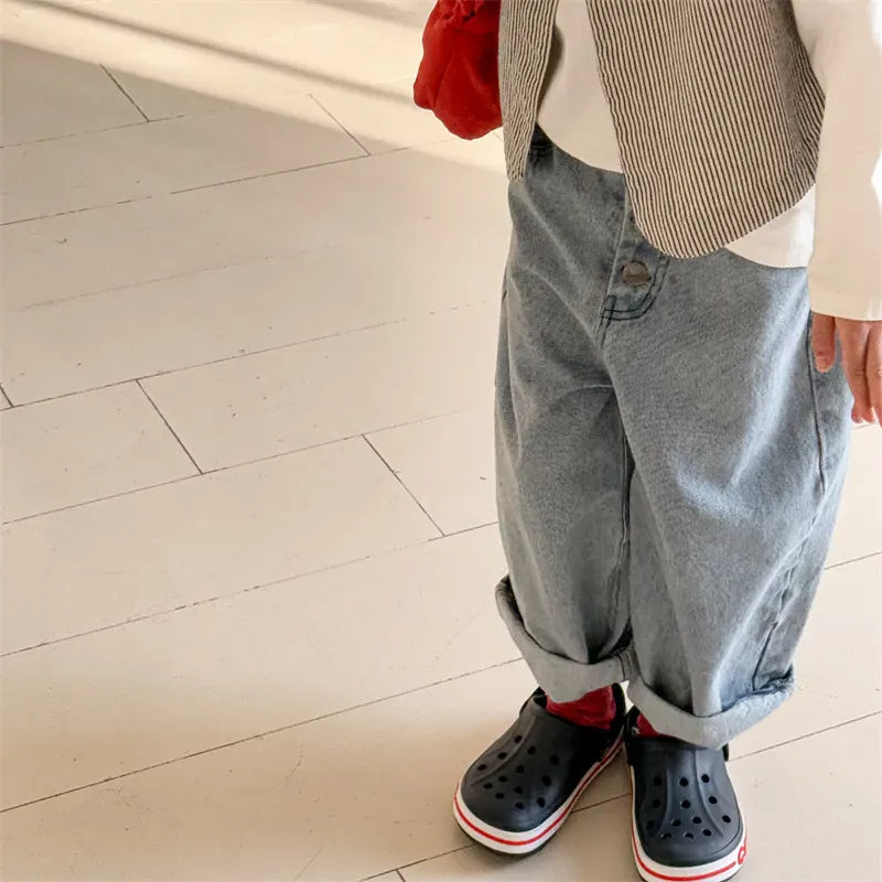 デニムパンツ キッズパンツ ボタンフライルーズロングデニムパンツ【mh0008962】