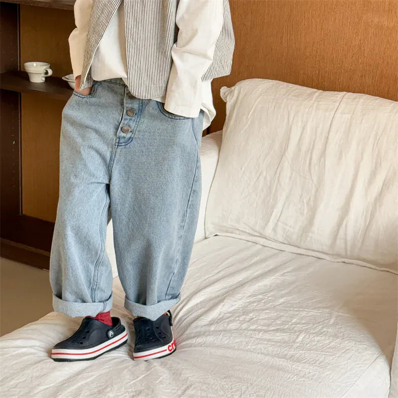 デニムパンツ キッズパンツ ボタンフライルーズロングデニムパンツ【mh0008962】