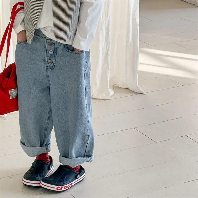 デニムパンツ キッズパンツ ボタンフライルーズロングデニムパンツ【mh0008962】