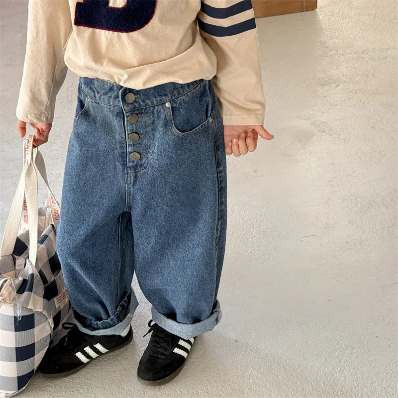 デニムパンツ キッズパンツ ボタンフライルーズロングデニムパンツ【mh0008962】