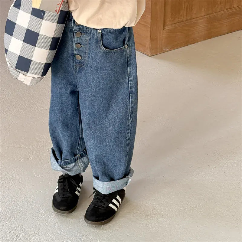 デニムパンツ キッズパンツ ボタンフライルーズロングデニムパンツ【mh0008962】