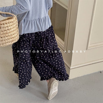 ロングパンツ・スウェットパンツ キッズパンツ フラワープリントラッフルフリルアンクルワイドガウチョパンツ【mh0008970】