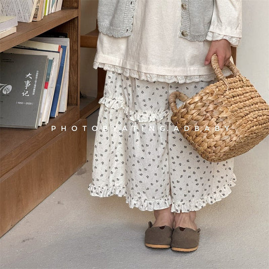 ロングパンツ・スウェットパンツ キッズパンツ フラワープリントラッフルフリルアンクルワイドガウチョパンツ【mh0008970】