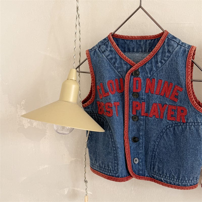 ベスト キッズベスト レターロゴ刺繍デニム前あきベスト【mh0008983】