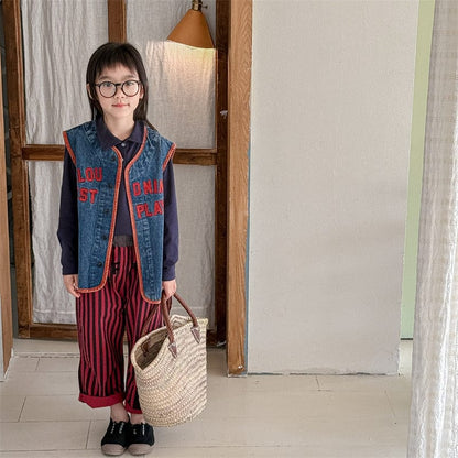 ベスト キッズベスト レターロゴ刺繍デニム前あきベスト【mh0008983】