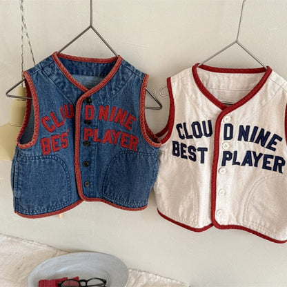 ベスト キッズベスト レターロゴ刺繍デニム前あきベスト【mh0008983】