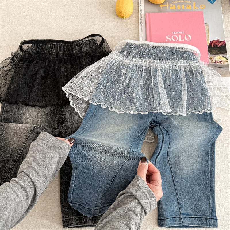 デニムパンツ キッズパンツ チュチュレーススカートドッキングストレートデニムパンツジーンズ【mh0008985】