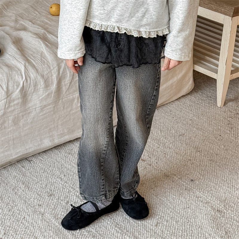 デニムパンツ キッズパンツ チュチュレーススカートドッキングストレートデニムパンツジーンズ【mh0008985】