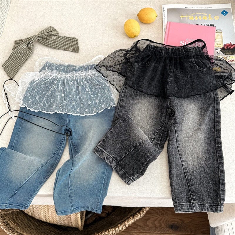 デニムパンツ キッズパンツ チュチュレーススカートドッキングストレートデニムパンツジーンズ【mh0008985】
