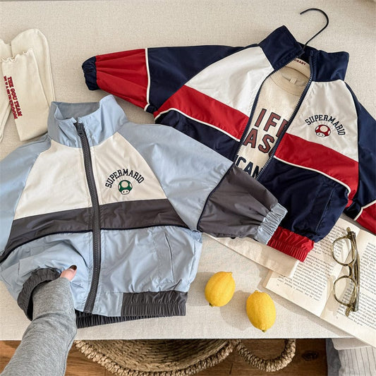 ショートコート・ジャケット・ジャンパー キッズアウター パッチワークスタンドカラージップアップウィンドブレーカージャケット【mh0008988】