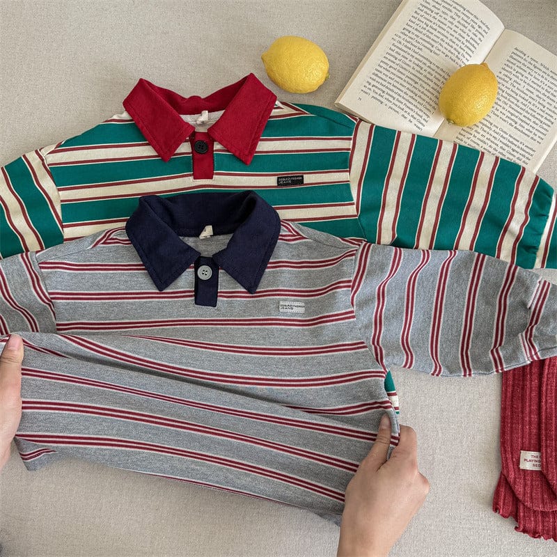 長袖シャツ・ブラウス キッズトップス レトロボーダーカラフル長袖ポロシャツ【mh0008990】