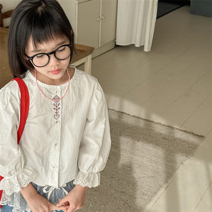 長袖シャツ・ブラウス キッズトップス 刺繍ステッチ長袖パフスリーブブラウス【mh0008992】