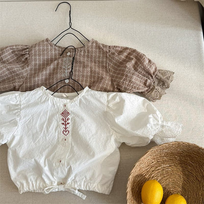 長袖シャツ・ブラウス キッズトップス 刺繍ステッチ長袖パフスリーブブラウス【mh0008992】