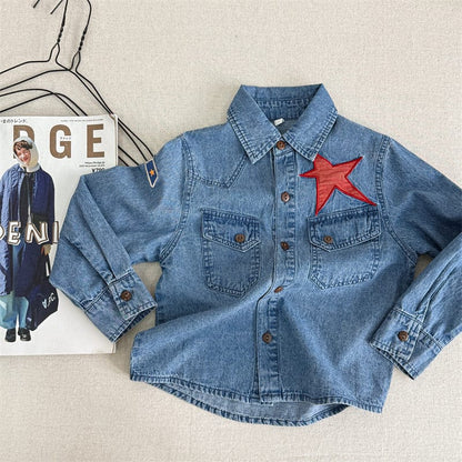 長袖シャツ・ブラウス キッズトップス 星スター刺繍ストライプ/デニム長袖シャツ【mh0009001】