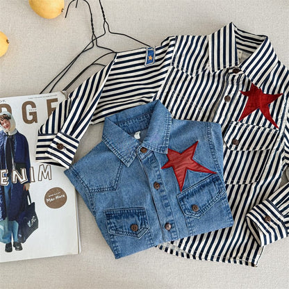 長袖シャツ・ブラウス キッズトップス 星スター刺繍ストライプ/デニム長袖シャツ【mh0009001】