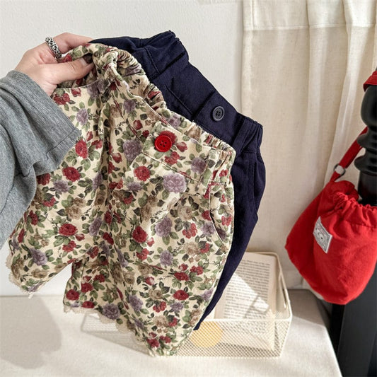 ハーフパンツ・ショートパンツ キッズパンツ フラワー/無地裾レースハーフパンツ【mh0009004】