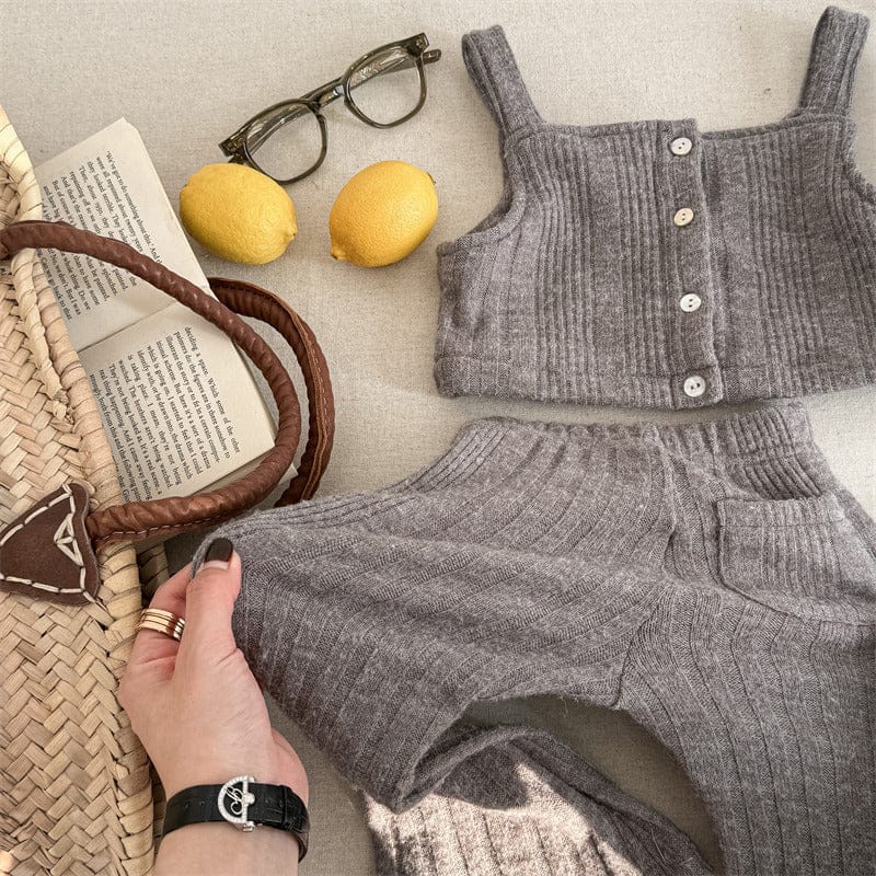 ノースリーブセットアップ キッズセットアップ ニットショートビスチェベスト+フレアロングパンツ【mh0009008】