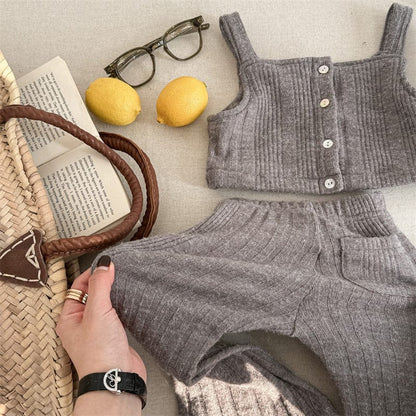 ノースリーブセットアップ キッズセットアップ ニットショートビスチェベスト+フレアロングパンツ【mh0009008】