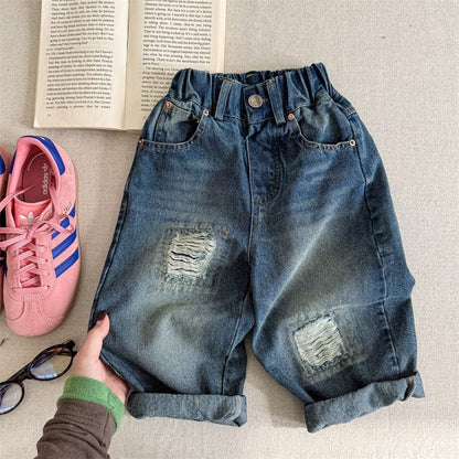 デニムパンツ キッズパンツ ダメージ加工ルーズロングデニムパンツジーンズ【mh0009009】