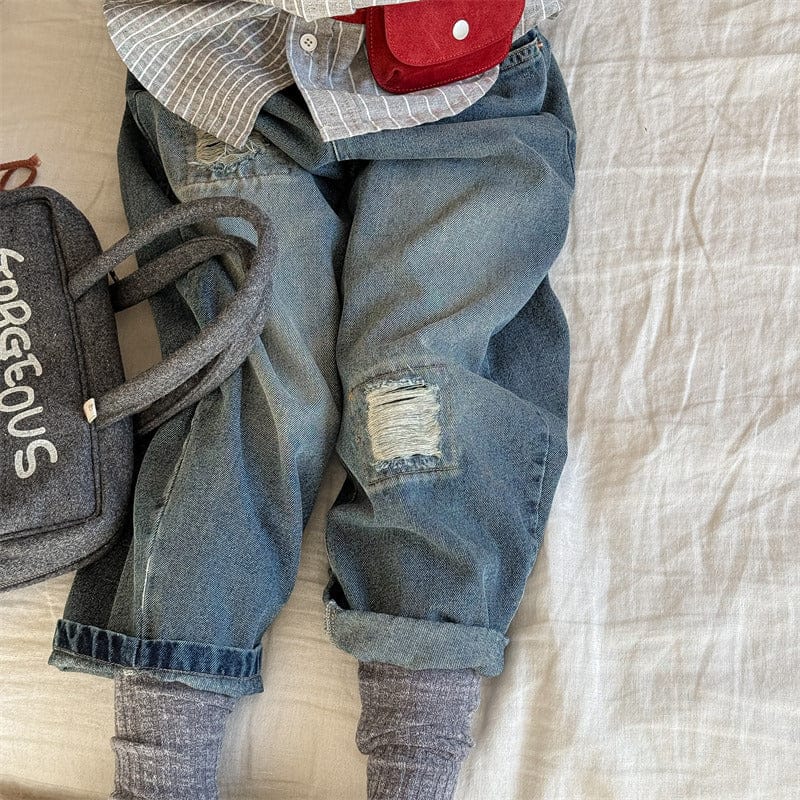 デニムパンツ キッズパンツ ダメージ加工ルーズロングデニムパンツジーンズ【mh0009009】