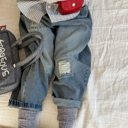 デニムパンツ キッズパンツ ダメージ加工ルーズロングデニムパンツジーンズ【mh0009009】