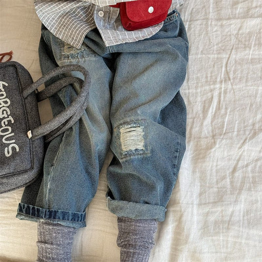 デニムパンツ キッズパンツ ダメージ加工ルーズロングデニムパンツジーンズ【mh0009009】